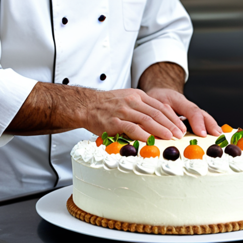 Professional Pastry Chef Decorating Cake**
A professional pastry chef in a clean, modern kitchen, carefully decorating a multi-layered cake with intricate frosting designs. The chef is fully clothed in a pristine white chef's coat and appropriate kitchen attire. The cake is brightly lit and displayed on a turntable. Focus on the detail and precision of the decoration. Safe for work, appropriate content, fully clothed, professional. Perfect anatomy, correct proportions, natural pose, well-formed hands, proper finger count, natural body proportions, high quality.
**