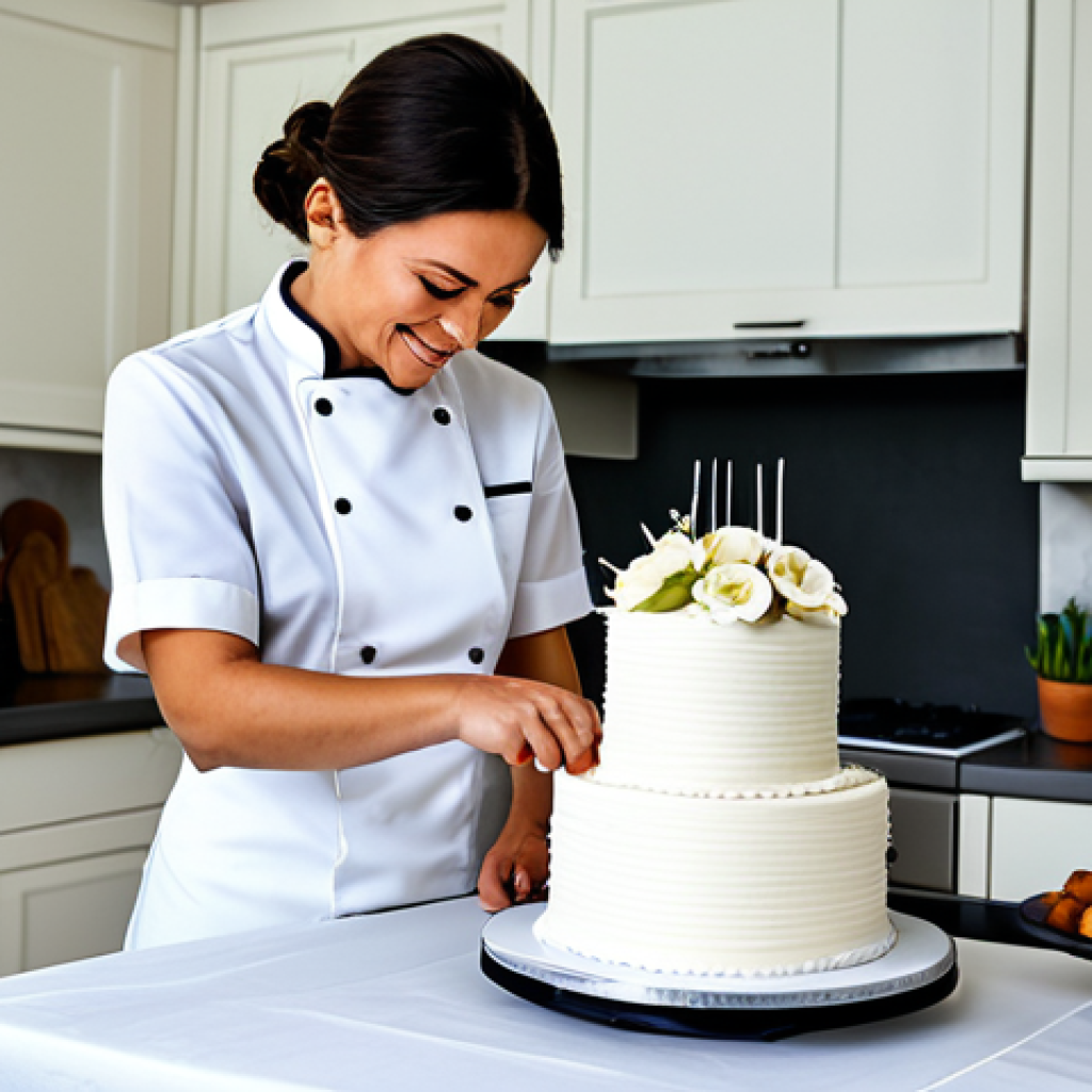 Custom Cake Creation**
"A fully clothed freelance pastry chef, appropriate attire, meticulously decorating a bespoke wedding cake in a brightly lit, clean home kitchen studio, safe for work, professional, perfect anatomy, correct proportions, well-formed hands, natural pose, high-quality ingredients displayed, elegant presentation, modest décor, family-friendly atmosphere."
**