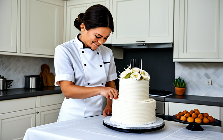 Custom Cake Creation**

"A fully clothed freelance pastry chef, appropriate attire, meticulously decorating a bespoke wedding cake in a brightly lit, clean home kitchen studio, safe for work, professional, perfect anatomy, correct proportions, well-formed hands, natural pose, high-quality ingredients displayed, elegant presentation, modest d&eacute;cor, family-friendly atmosphere."

**