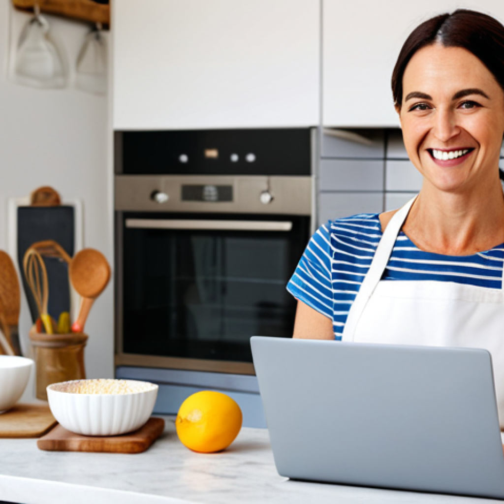 Online Baking Course**

A cheerful woman in her 30s wearing an apron and a modest top, smiling at a laptop in her bright, modern kitchen. The laptop displays a baking lesson with a professional chef demonstrating a technique. The kitchen is clean and well-lit with baking ingredients neatly arranged. Safe for work, appropriate content, fully clothed, family-friendly, professional setting, perfect anatomy, correct proportions, natural pose, high quality.

**