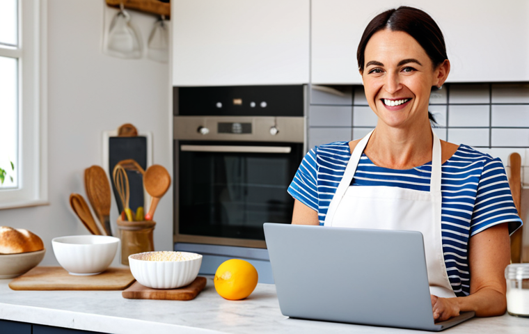 Online Baking Course**

A cheerful woman in her 30s wearing an apron and a modest top, smiling at a laptop in her bright, modern kitchen. The laptop displays a baking lesson with a professional chef demonstrating a technique. The kitchen is clean and well-lit with baking ingredients neatly arranged. Safe for work, appropriate content, fully clothed, family-friendly, professional setting, perfect anatomy, correct proportions, natural pose, high quality.

**