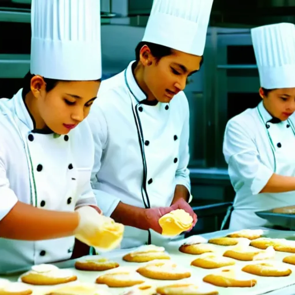 제과 실무 경험을 쌓는 해외 연수 프로그램 - **Prompt:** A diverse group of young adult pastry students (ages 18-25), dressed in clean, professio...