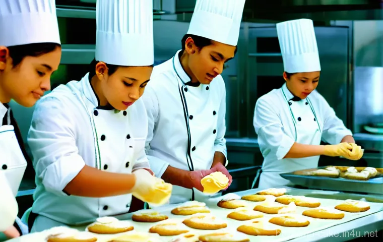 제과 실무 경험을 쌓는 해외 연수 프로그램 - **Prompt:** A diverse group of young adult pastry students (ages 18-25), dressed in clean, professio...