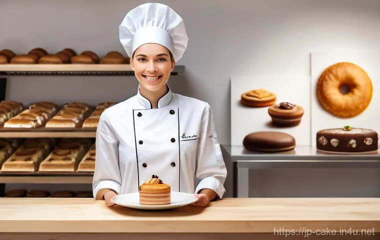 제과 실무 경험을 쌓는 해외 연수 프로그램 - **Prompt:** A young female pastry student (around 20-22 years old), wearing stylish yet modest every...