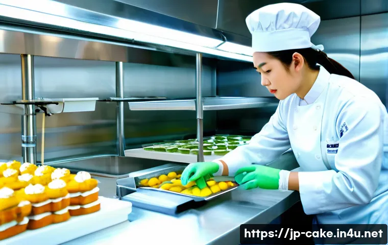 제과 자격증 관련 최신 법규 - A professional pastry chef in a modern Japanese confectionery kitchen, wearing clean white chef&rsquo;s un...