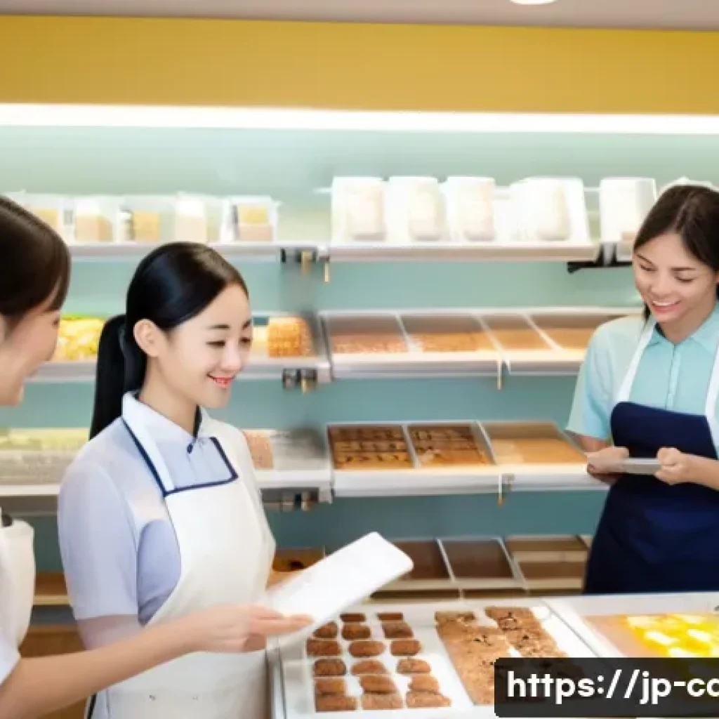 제과업계에서의 인간관계 관리 - A modern Japanese confectionery workshop scene showing diverse staff members actively communicating ...