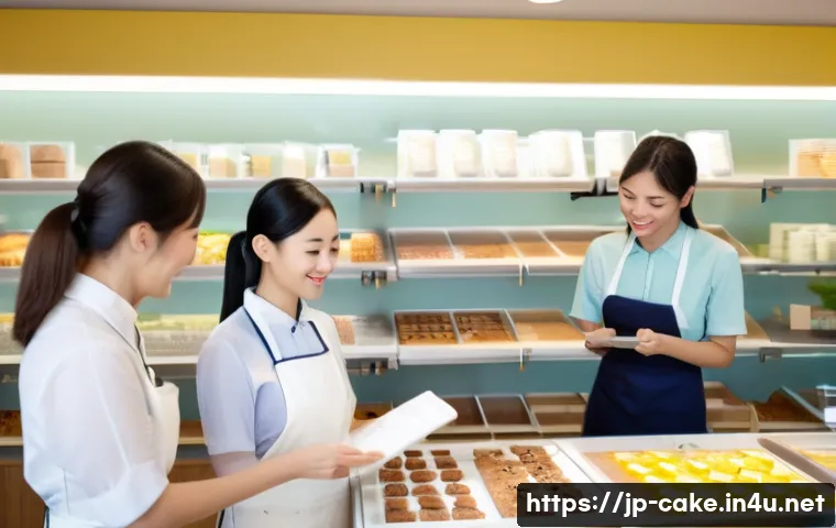 제과업계에서의 인간관계 관리 - A modern Japanese confectionery workshop scene showing diverse staff members actively communicating ...