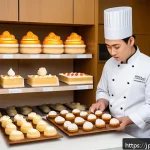 제과 자격증 취득 후 해외 진출 사례 - A skilled Japanese pastry chef wearing professional chef&rsquo;s attire and a white apron, carefully decor...