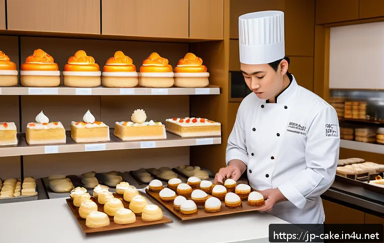 제과 자격증 취득 후 해외 진출 사례 - A skilled Japanese pastry chef wearing professional chef&rsquo;s attire and a white apron, carefully decor...