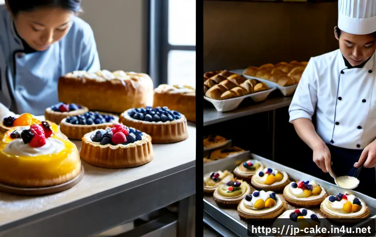 제과 기능사와 제빵 기능사의 차이 - Photorealistic split-scene bakery workspace: on the left, a pastry chef delicately decorating elegan...